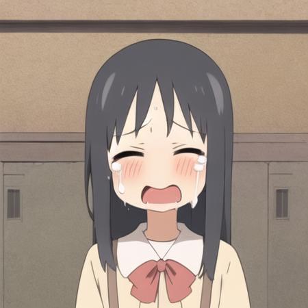 <lora:nichijou_style_v2-000002:0.7>, nichijou_style,masterpiece, best quality, 1girl, solo, blush, blue_eyes, black_hair, long_hair, open_mouth, closed_eyes, tears, crying