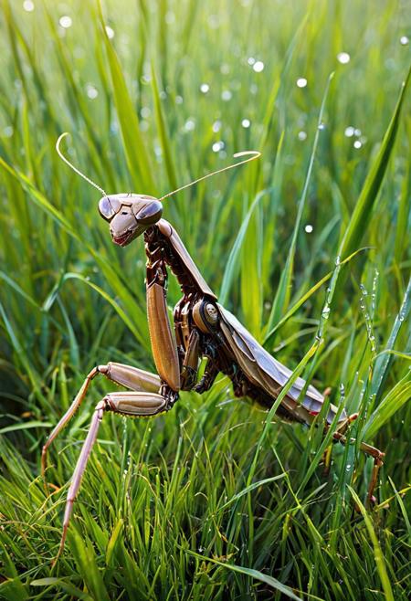 cyberpunk,  a robotic mantis on blade of grass, looking at viewer, dewdrops, macro, glow, shallow depth of focus,,epiCPhoto, flux-style