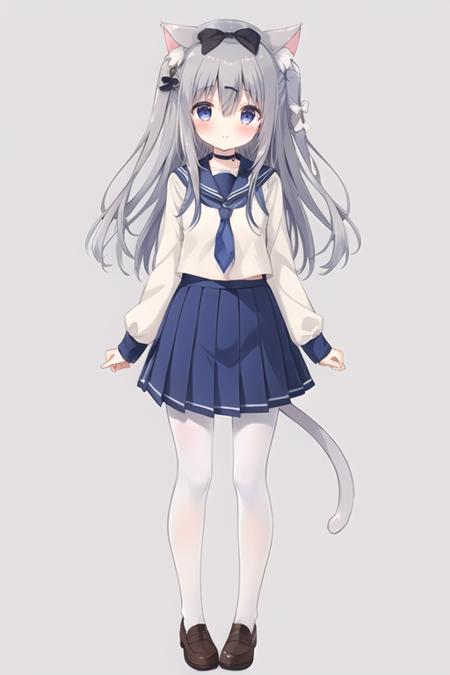 <lora:super-qianhuili-v1:1>,<lora:GoodHands-beta2:1> nice hands, perfect hands
qianhuili, 1girl, solo, tail, animal ears, pantyhose, skirt, shirt, cat tail, cat ears, brown footwear, long sleeves, long hair, blush, cat girl, tail ornament, pleated skirt, white background, white pantyhose, blue skirt, shoes, bow, animal ear fluff, loafers, hair between eyes, sleeves past wrists, simple background, bangs, closed mouth, white shirt, school uniform, hair bow, full body, necktie, standing, grey hair, serafuku, very long hair, sailor collar, looking at viewer, ribbon, hair ornament, white bow, white sailor collar, hand up, tail bow, blue necktie, blue eyes