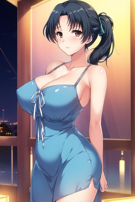 (Night:1.7), Cyberpunk_CityView, Before Window,
(Standing:1.7) at attention,
Blue_dress ,bare_shoulders, collarbone, 
<lora:Miyuri_Natsuki_Tsumamigui3-KK77-V1:0.7>,bare legs, 
black_hair,brown_eyes,hair_ornament,hairclip,side ponytail, single braid, Bangs,
1 girl, 20yo,mature female,Beautiful Finger,Beautiful long legs,Beautiful body,Beautiful Nose,Beautiful character design, perfect eyes, perfect face,
looking at viewer, (innocent_big_eyes:1.0),(expressionless:1.3),
NSFW,official art,extremely detailed CG unity 8k wallpaper, perfect lighting,Colorful, Bright_Front_face_Lighting,
(masterpiece:1.0),(best_quality:1.0), ultra high res,4K,ultra-detailed,
photography, 8K, HDR, highres, absurdres:1.2, Kodak portra 400, film grain, blurry background, bokeh:1.2, lens flare, (vibrant_color:1.2)
(Beautiful,large_Breasts:1.4), (beautiful_face:1.5),(narrow_waist),