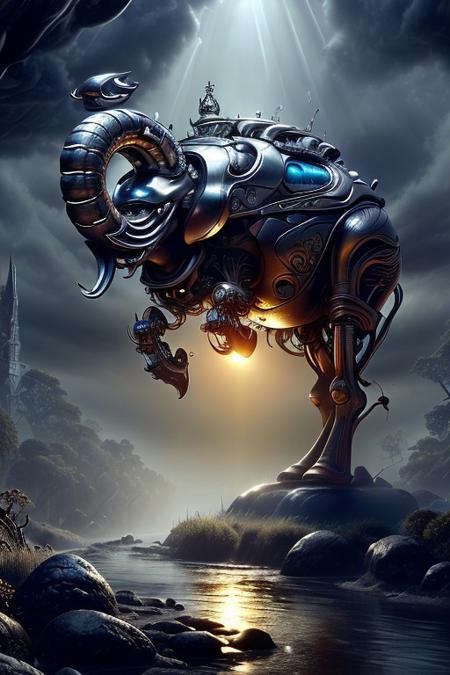 cinematic film still silverpulse, cyborg Elephant, simple background, high quality, artistic, vibrant colors, detailed textures. futuristic sleek/glossy silver and blue glow, vibrant colors, detailed textures., Concept art, cyborg, background, vintage, modern, SilverPulse, <lora:SilverPulseMorphXL:0.8>, excellent composition, artistic, highly detail, holy, sunny, dynamic dramatic beautiful full taking . shallow depth of field, vignette, highly detailed, high budget, bokeh, cinemascope, moody, epic, gorgeous, powerful,