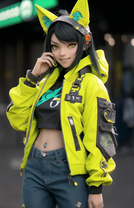 nijilorawolf a nijigirl with wolf - ears <lora:nijilorawolf-000002:0.7>
wearing green techwear jacket and jeans, warm grin, a huge diamond necklace, big beautiful cobalt ODD eyes, on the streets of a cyberlunk desert city, very detailed, cyberpunk, clean face, with wolf pet