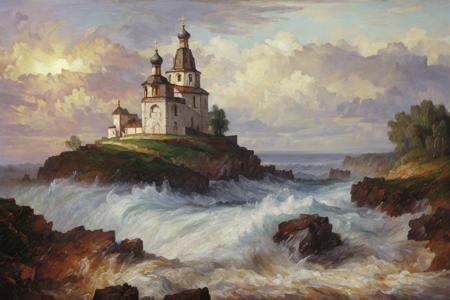 <lora:Zaxarovobv:0.65>
zaxarovob, a painting of a rocky beach, grand waves crashing on it and a thunder in the background, a gorgeous church on the hill, extremely detailed oil painting, volumetric light, 16k, artstation, (by William Turner:1.3)