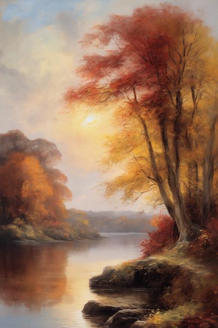 John Constable Style - A high quality canvas sharp image In the style by John Constable A serene depiction of an autumnal landscape with a tranquil lake. Majestic trees don their colorful fall foliage, their vibrant hues mirrored in the still waters. The soft sunlight casts a warm glow, accentuating the rich reds, oranges, and yellows of the foliage. A wooden bridge in the distance adds a sense of depth and invites the viewer to explore further. "Coastal Cliffs at Sunset