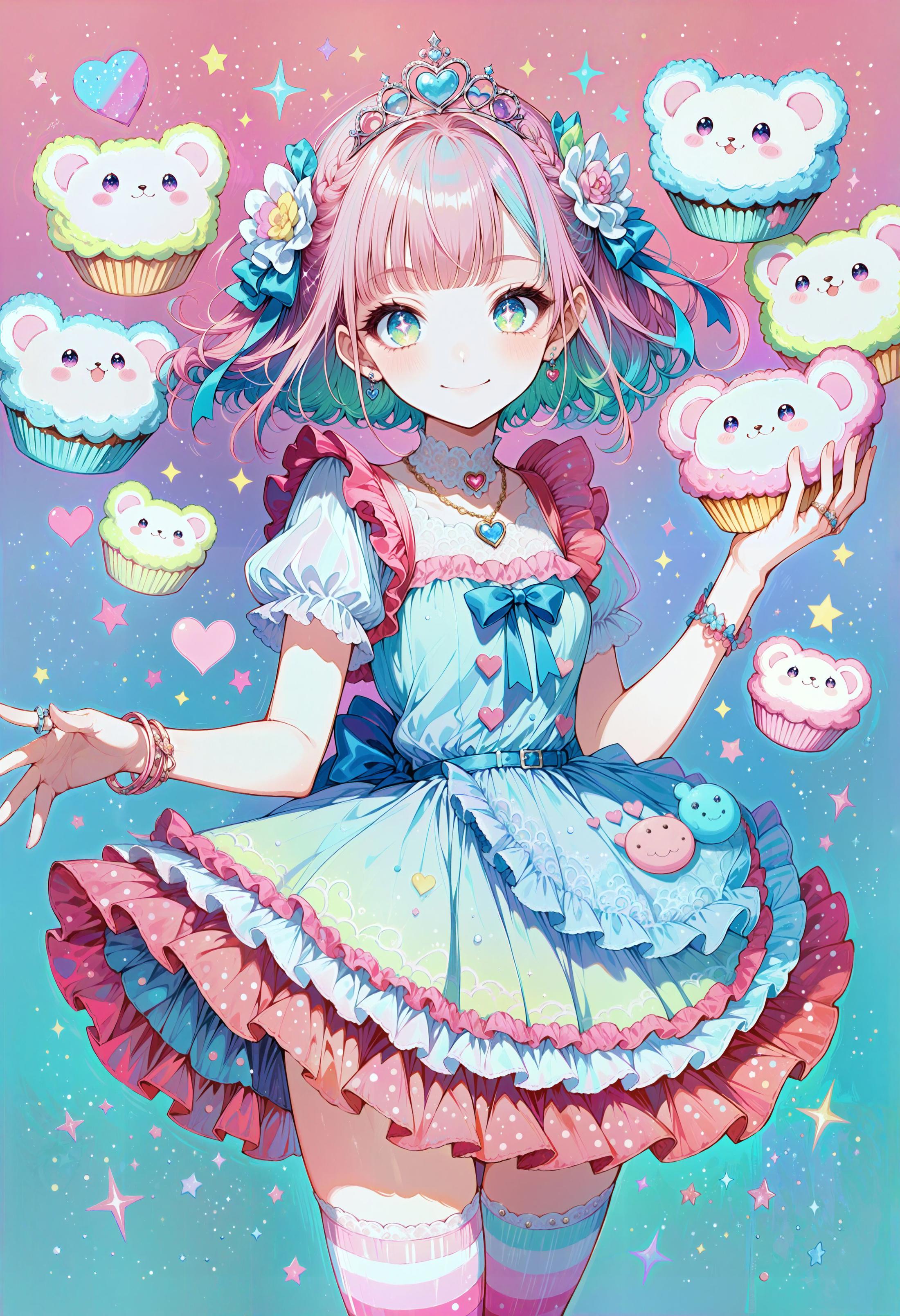 gradient pastel colors, flurry of pastel green, purple, and blue, 1girl, solo, cowboy shot, close up, face focus, vtuber anime character design, incredibly cute anime-style face, sparkling eyes, maximalist character design, super decorative fashionable pink attire, frilly cupcake-shaped dress in different shades of red, covered in lace, ribbons, and frills, multi-layered hair, streaked hair, ribbon, hair ribbon, hair flower, sparkly hair accessories, chocolate dress motifs accessories, stuffed toys dress accessories, miniature mascot characters dress accessories, petticoats peek out from her dress, each a different shade of pink, stockings, striped stockings, platform shoes with heart-shaped buckles., bracelet, rings, necklace, tiara, the background is a dizzying collage of vivid gradient colors, flat style, dramatic, soft focus, detailed illustration, ethereal, magical atmosphere, limited palette with soft colors, (pastel blue and pastel pink theme, pastel colors, pastel drawing, delicate blending, expressive, pencil art), noisy lines, abstract texture, cinematic, (anime masterpiece), (ultra-detailed), very aesthetic, illustration, perfect composition, intricate details, absurdres, (best quality, high detail:1.2), (incredibly detailed:1.4)
 <lora:PerfectEyesXL:0.5> <lora:incase_v14:0.5> <lora:Sinozick_Style_XL_Pony:0.75> <lora:1g0rXLP:0.8>


#made with controlnet