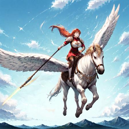 pegasus knight, horse, horseback riding, pegasus, shoulder armor, breastplate, pegasus knight uniform \(fire emblem\), holding polearm