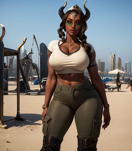 <lora:IshtarSmite-000007:0.8>,1girl, solo,  looking at viewer,,((military pants,ARMY SHIRT,female army pants, combat boots, army cap, aviator glasses)),  dark brown hair, dark skin:0.1, dark-skinned female:0.1,
green eyes, forehead jewel, fake horns,
large breasts, thick hips, thick thighs,
(Dubai, Dubai city, Dubai Beach Gym),
(insanely detailed, beautiful detailed face, masterpiece, best quality),