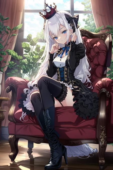 choco,1girl, solo, long hair, dress, chair, high heels, white hair, looking at viewer, long sleeves, sitting, indoors, white dress, blue eyes, boots, curtains, blush, crown, white legwear, bangs, bow, armchair, parted lips, wooden floor, high heel boots, hair intakes, very long hair, ribbon, frills, window, full body, hand up, sleeves past wrists, thighhighs, hair between eyes, frilled dress, pantyhose, thigh boots, white bow, veil, no shoes, lace trim,, masterpiece,quality,, masterpiece,quality,<lora:choco-pynoise-000012:1>tsurime