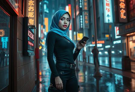 Photorealistic cyberpunk scene in the Blade Runner visual style. A teen girl stands confidently in a rain-slicked alley in Neo Tokyo at night, facing a glowing wall-mounted terminal. She wears a luminous electric blue hijab, with strands of black hair tipped in luminescent blue visible underneath. Her makeup is bold—glittery pink lipstick and glowing pink eyeshadow. She’s dressed in a tight black turtleneck, fitted tactical pants with utility belts, and high black boots. In one hand, she holds a sleek, futuristic handheld computer connected to the terminal by a thin, silvery wire. The terminal glows with bright red text that reads “ACCESSING BUZZ.” Neon lights in kanji, flickering advertisements, and the ambient glow of towering skyscrapers frame the scene. The ground reflects city lights through puddles and mist. Rain falls gently, adding texture to the cinematic, moody atmosphere.
–v 5 –ar 16:9 –style photorealistic –lighting cinematic –atmosphere rainy, neon, gritty –quality ultra-detailed –text “ACCESSING BUZZ” in bold red on terminal