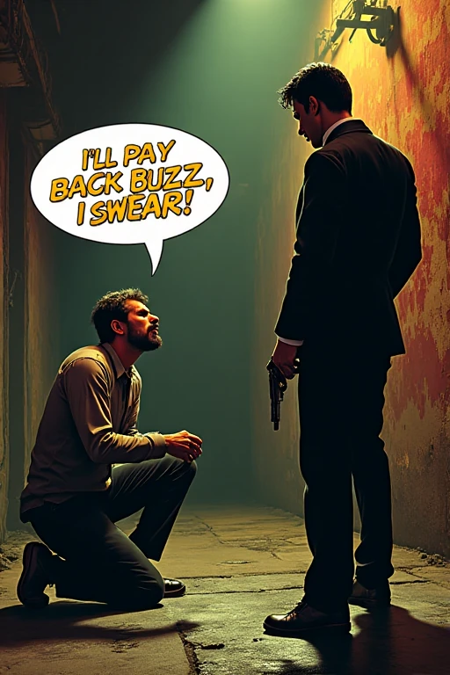 A cinematic, photorealistic scene in the style of Quentin Tarantino’s films, blending gritty intensity with dark humor. A tough, stylish protagonist, stands straight, looking down, dressed in a sharp suit with blood stains, points a pistol at a terrified mafioso in a dimly lit, smoky alley. The mafioso, sweating and disheveled, kneels with his hands raised, his face twisted in regret and fear. The mood is tense, with vibrant colors and dramatic lighting. Under the mafioso, in bold comic-book style text, display the speech bubble: 'I’ll pay back your BUZZ, I SWEAR!' The background features gritty urban details like graffiti-covered walls and scattered debris, capturing Tarantino’s signature aesthetic of violence and wit.