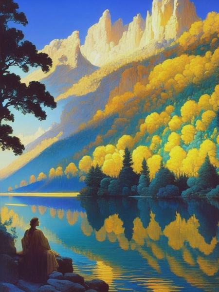 <lyco:MaxfieldParrish:1.0> painting by maxfield parrish, the lady of the lake, highly defined