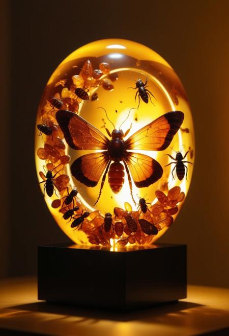 8k, Raw digital photo, A sculpture made of amber with tiny trapped insects inside, glowing under warm light, soft lighting, Full Colour, 80mm, simple blurry background,