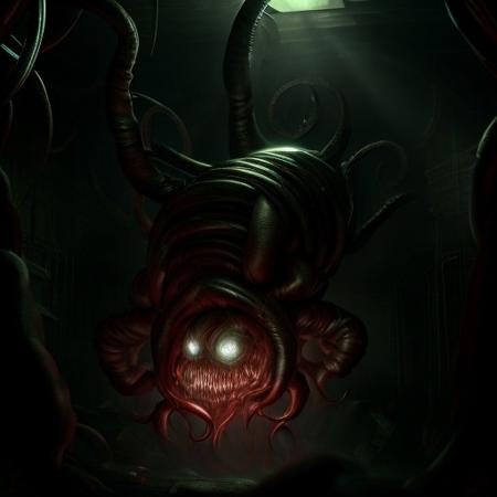 Realistic, horror style, illogical creature with rotten skin, crawling upside down on the roof of a dark basement, with light ray, gore aesthetic, scary, 6 arms, view from the bottom
