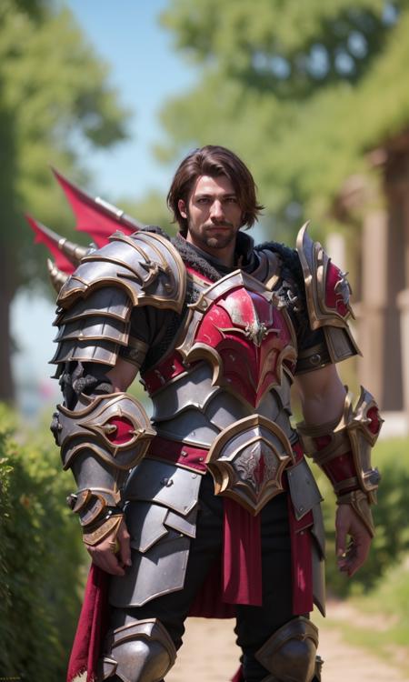 epicpauldrons2024, red armor, epicarmor2024, human, best quality, masterpiece, raw photo, depth of field, looking at viewer, magical, fantasy, 5 fingers, depth of field, magical armor, full body, 1man, knight, asymmetrical armor, dragon pauldron, armored boots