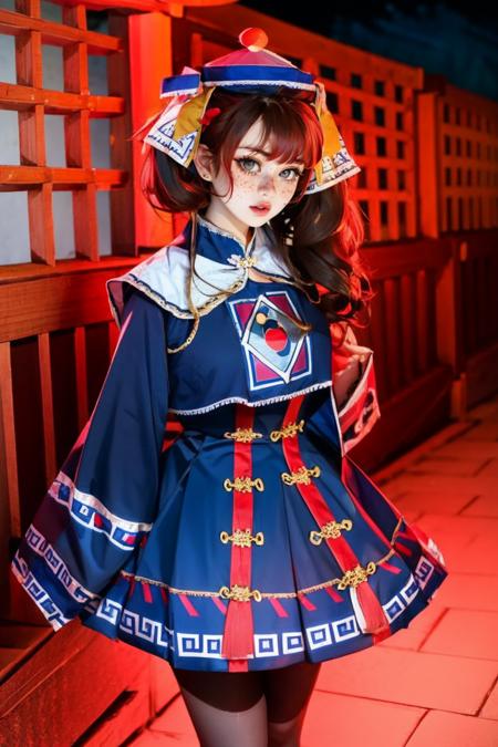 z0mb13jump3r, long sleeves,wide sleeves,blue dress,chinese clothes,ofuda,jiangshi,qing guanmao,