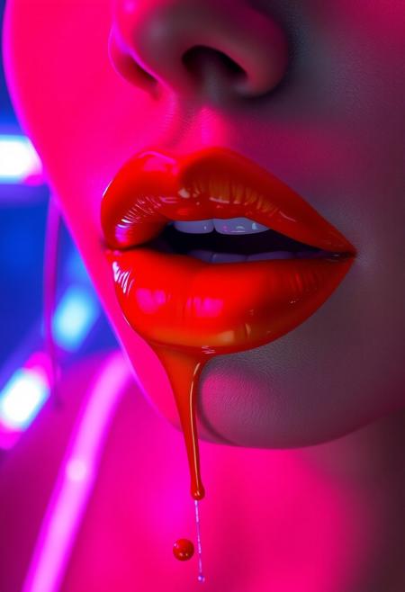 A high-resolution image of a woman’s lips, painted with a bold gradient blend of red and yellow, merging smoothly to create a striking contrast. The lips are glossy and reflective, catching light from neon-colored spotlights in the background—deep purples, blues, and pinks—enhancing their shine. A few thin streams of paint drip delicately from the lips, adding a dynamic element. The overall effect is sleek and futuristic, with the subtle reflections on the glossy surface contributing to the intensity of the image