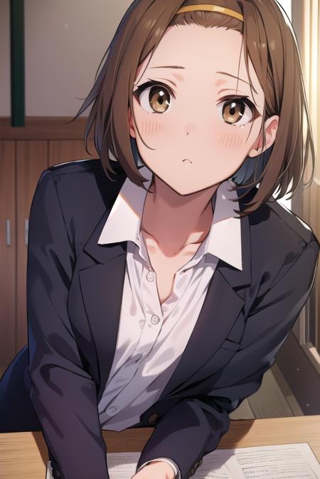 ritsutainaka, <lyco:ritsutainaka-LYCORIStest:1>,
ritsu tainaka, (brown eyes:1.7), light brown hair, (forehead:1.5), hairband, short hair, (flat chest:1.2),
BREAK sakuragaoka high school uniform, school uniform,
BREAK looking at viewer,
BREAK indoors, classroom,
BREAK <lora:GoodHands-vanilla:1>, (masterpiece:1.2), best quality, high resolution, unity 8k wallpaper, (illustration:0.8), (beautiful detailed eyes:1.6), extremely detailed face, perfect lighting, extremely detailed CG, (perfect hands, perfect anatomy),