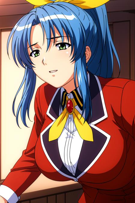 Simple White Background,
school uniform,yellow bowtie,red jacket,long sleeves,buttons, collared shirt,
<lora:Ayumi_Tenkawa_Houkago-KK77-V1:0.7>,
blue hair, Bangs,green eyes,yellow hair ribbon,ponytail,
<lora:Mariana_Luciano_NON_VIRGIN-KK77-V1:0.3>,<lora:more_details:0.1>,
1 girl, 20yo,Young female,Beautiful Finger,Beautiful long legs,Beautiful body,Beautiful Nose,Beautiful character design, perfect eyes, perfect face,expressive eyes,perfect balance,
looking at viewer,(Focus on her face),closed mouth, (innocent_big_eyes:1.0),Light_Smile,
official art,extremely detailed CG unity 8k wallpaper, perfect lighting,Colorful, Bright_Front_face_Lighting,shiny skin, 
(masterpiece:1.0),(best_quality:1.0), ultra high res,4K,ultra-detailed,
photography, 8K, HDR, highres, absurdres:1.2, Kodak portra 400, film grain, blurry background, bokeh:1.2, lens flare, (vibrant_color:1.2),professional photograph, 
(Beautiful,large_Breasts:1.4), (beautiful_face:1.5),(narrow_waist),