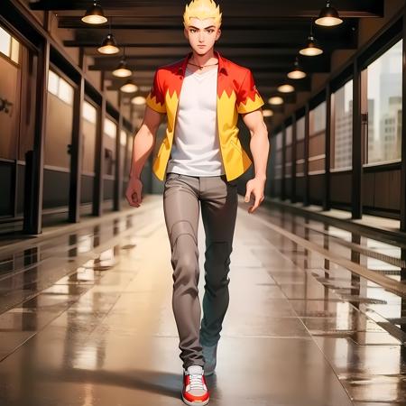 ((masterpiece, best quality)),(complex light),1boy, solo ,full body, martin mystery, blonde hair,<lora:MartinMystery1-10:0.8>,simple background, gray pants, red shoes, yellow  jacket,walking,