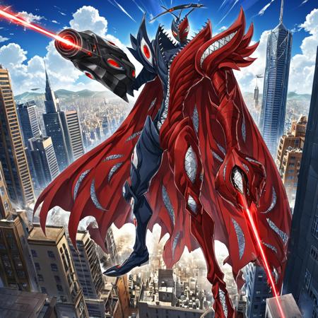sfw, masterpiece, best quality,absurderes, <lora:AbbadomonCoreXL:1>,1boy,solo,abbadomon core,cape,antenna,two-tone clothing,two-tone skin anime,anime coloring,full body,arm cannon,firing,laser beam,outdoors,city,buildings,skyscrapers,dynamic pose