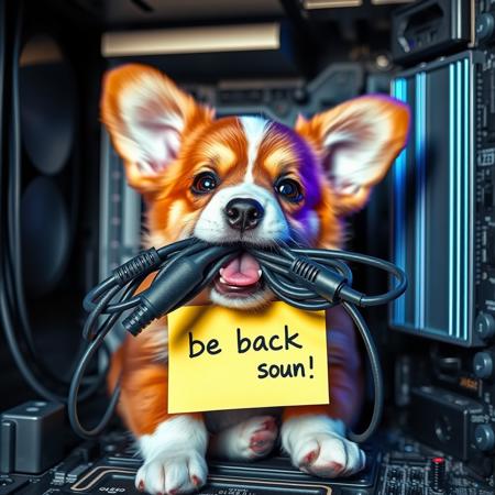 semirealistic, a cute/charming corgi puppy with multiple unplugged computer cords in its mouth, inside a computer motherboard. THE message "be back soon" written on a yellow sticky note, detailed mirroring horizon, wining award digital art, hight detailed, Insane resolution. Insane details. Masterpiece. 32k resolution. casting shadow style, cucoloris patterned illumination, cinematic composition and lighting. Very detailed.