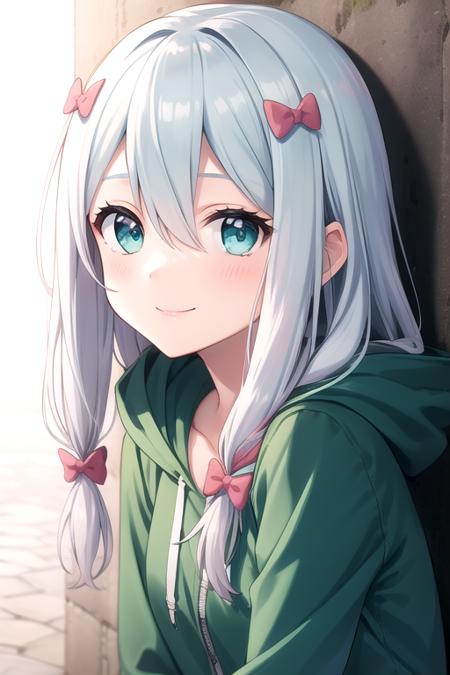 long hair,grey hair,hair bow,pink bow,hair ribbon,tress ribbon,sidelocks,hair between eyes,bangs,aqua eyes hoodie,hooded jacket,green jacket,hood down,long sleeves,medium breasts,skindentation,bare legs,barefoot