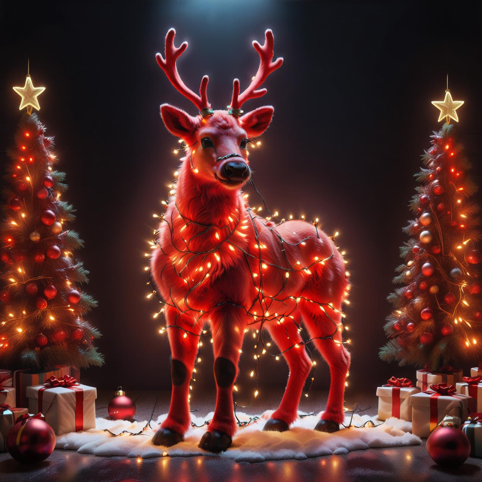 A Christmas display featuring a reindeer wearing a necklace of lights and surrounded by a fake Christmas tree, presents, and decorations.