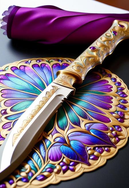 butterflyStyle,
purple butterflyStyle, 
A photograph depicts a close-up of a hand drawing a detailed, (a Art Nouveau knife morphing into iridescent butterfly wings) line sketch of a rifle on white paper. , holographic display with technicolor patterns, chrome metal plating transforming into delicate wing membranes, goldwork eggplant color theme, intricate pattern, detailed goldwork, Art Nouveau style, focus on knife, The hand, with medium skin tone, holds a metallic pencil. The rifle design includes a long barrel, a stock, and a visible magazine. The lines are clean and precise, indicating careful attention to detail. The background is out of focus, emphasizing the drawing.