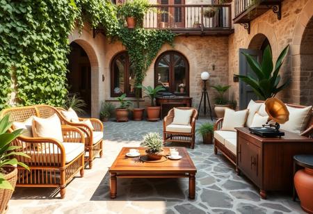 Mediterranean Courtyard Jazz Lounge – Sunlit Vintage Harmony Bathed in soft daylight and surrounded by rustic stone architecture, this enchanting Mediterranean courtyard transforms into a serene outdoor jazz sanctuary. Ivy cascades gently from the upper balcony, framing arched doorways that lead to cozy rooms beyond, while terracotta pots brim with lush greenery and vibrant tropical leaves. At the heart of this idyllic space is a thoughtfully arranged sitting area, where classic rattan armchairs and sofas with plush cream cushions invite quiet moments under the sun. The furniture is handcrafted with curved bamboo frames and cane weave details — a timeless nod to Mediterranean artisan style. In front of the seating, a solid walnut low coffee table sits atop the stone floor, adorned with a set of porcelain cups, a small fern, and vintage jazz vinyl sleeves scattered like memories of past afternoons. To one side, adding soul and sound to the ambiance, stands an exquisite vintage audio setup: A polished mahogany stereo cabinet, home to a brass-horn gramophone, tube amplifier, and a classic turntable spinning smooth jazz records. A pair of floor-standing wooden speakers with dark fabric grills flank the system, spreading warm analog tones across the courtyard. Next to the sound system, a tall ceramic jug overflows with blooming sunflowers, their golden faces turned toward the light like a tribute to joy. A second bouquet, arranged in a glass vase on a nearby bench, adds