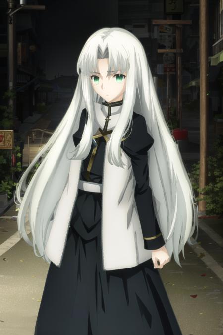 ufotable style, long hair, white hair, green eyes, 1girl, street, night, dim light
 <lyco:ufotable_style_lycoris_v3:1.0>