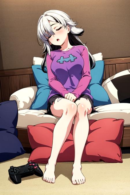 MGCM dia, long hair, multicolored hair, black hair, white hair, hair over one eye, purple eyes, MGCM costume, shirt, long sleeves, sleeves past wrists, torn clothes, barefoot, <lora:MGCM_dia_ep15:0.7>, BREAK medium breasts, anmnr, <lora:anmnr01:0.17>, beautiful, masterpiece, 8K resolution, extremely detailed face, little girl, 1girl, Beautiful woman, 20 years old, eye highlights, sleep, Close ~ eyes, blush, open mouth, drool, BREAK (Are sleeping:1.2), (sleep on a cushion:1.2), BREAK anime background, Indoors, your room, carpet, Cushions, game software, game consoles, tables,<lora:flat2-dim1:-0.5>