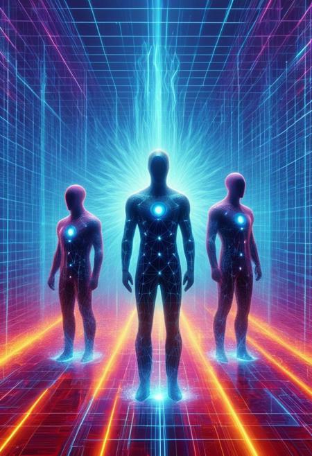 (hologram:0.6), Heat waves may burn skin mid-day,, Pop Art, Surrealism, faceless figures, minimalism, geometric backgrounds, identity, consumerism, alienation, bold colors, anonymity, individuality, symbolic imagery, stark compositions, graphic quality, conceptual art
