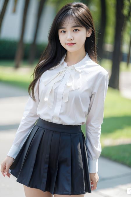 FILMG,standing,depth of field,blurry background,(8k, RAW photo, best quality, masterpiece:1.2),(realistic, photo-realistic:1.37),lens flare,cute,professional lighting, photon mapping, radiosity, physically-based rendering,lss,1girl in school uniform and black pleated skirt,bare thighs,bangs,(pureerosface_v1:0.7) <lora:shojovibe_v11:0.3> <lora:FilmG4:1> <lora:lss3-000014:0.7>