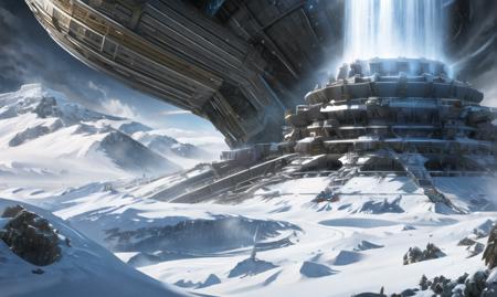 masterpiece, best quality, ultra-detailed, best illustration,drvLORA, scenery, mountain, snow, spacecraft, sky, no humans, science fiction <lora:drvlora:1>