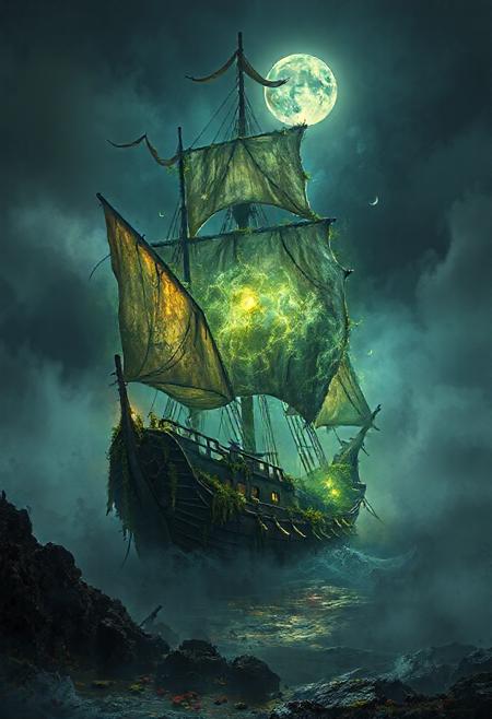 renaissance epoch, ghost ship, glowing with ectoplasm, overgrown with algae,
tattered sails, rotten planks, creepy, emerges from the fog on a moonlit night,
dark fantasy, eerie, scary, creepy, chilling, spooky, intricate detail,
Jean Baptiste Monge, Carn Griffiths, Michael Garmash, Seb McKinnon,
perfect composition, hyper-detailed, masterpiece, astral, landscape,
impressionism, hyperrealism, surrealism, colorful, splashes, magical,
Yoji Shinkawa complex details, hdr, high contrast, cinematic, atmospheric,
moody ominous horror Greg Rutkowski, beautifully shot, sharp focus, 64 megapixels