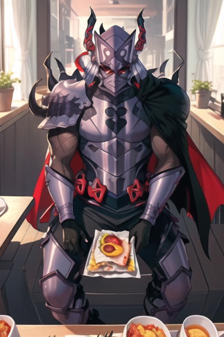 (masterpiece, top quality, best quality, beautiful, and aesthetic:1.2) berserk3r, 1boy, male focus, full body, low wings, black cape, ordering lunch <lora:berserk4-000010:.9>