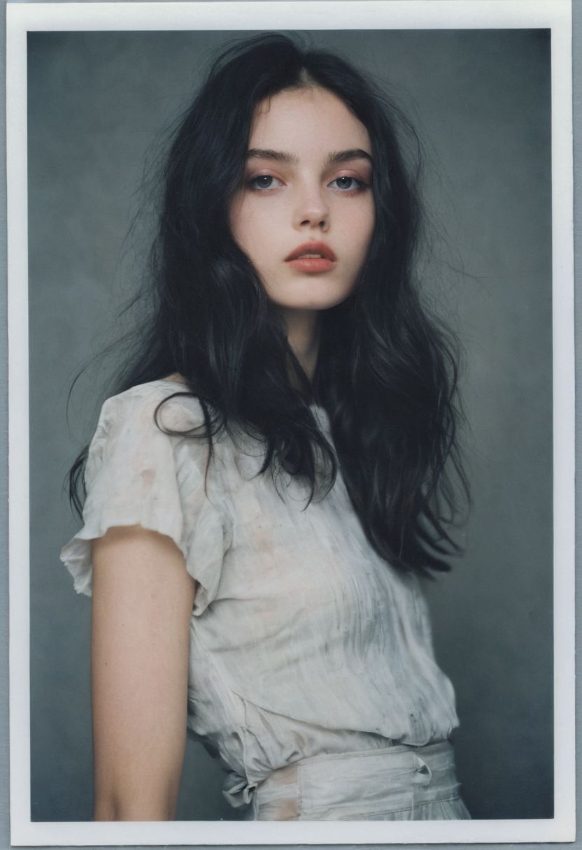 masterpiece, polaroid photo in the style of David Hamilton , halve body shot of skinny Polish 1girl (18yo), street fashion,  long messy dark black hair, pale makeup, large  lips, eye catchlights, futuristic  summer outfit, analog film,  grey studio background