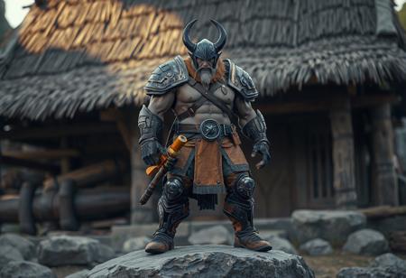 “Hyperdetailed cinematic concept art of Golgoil the Steel Seismic Smasher, a muscular man with a blue helmet and orange armor, gripping an orange weapon in his right hand, standing on a gray rock in front of a rustic wooden structure with a thatched roof. The figure dominates the foreground, with the wooden backdrop adding depth and context. Rendered in Octane, cinematic lighting, 8k resolution, 35mm film grain, intricate details, trending on ArtStation and CGSociety. Inspired by the styles of Jesper Ejsing, RHADS, Makoto Shinkai, Lois van Baarle, Ahmad Aenami, Ross Tran, Ilya Kuvshinov, and Ross Draws. Award-winning, photorealistic, and highly detailed, with a focus on texture and composition.”