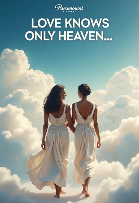 a parody Paramount Pictures movie poster with text : "Love Knows Only Heaven...", Romantic Comedy Movie Poster, two women strolling upon a white fluffy cloud in togas  together, one woman is African American and the other woman is, Asian, Both Are deeply in Love With Each other, symmetrical, maximalist, realistic skin texture, accurate, refined, defined, highly detailed, follow negative prompts,