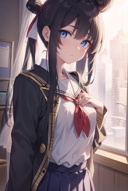 ushiwakamaru, <lyco:ushiwakamaru-lyco-nochekaiser:1>, 
ushiwakamaru, black hair, blue eyes, long hair, side ponytail, sidelocks, parted bangs, (small breast:1.2), hair bun, single bun, side bun,
BREAK school uniform, serafuku, skirt, pleated skirt,
BREAK looking at viewer,
BREAK indoors, classroom,
BREAK <lyco:GoodHands-beta2:1>, (masterpiece:1.2), best quality, high resolution, unity 8k wallpaper, (illustration:0.8), (beautiful detailed eyes:1.6), extremely detailed face, perfect lighting, extremely detailed CG, (perfect hands, perfect anatomy),