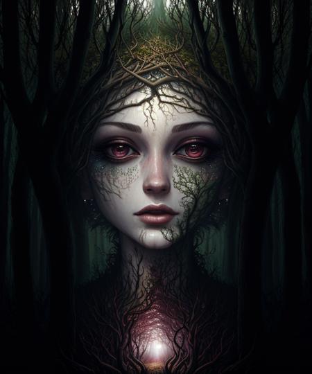 woman surreal closeup, masterpiece by ncwinters, in mystic forest,  <lora:ncwinters-12:1>