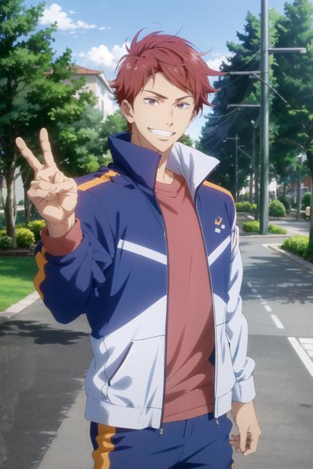 shiina asahi\(free!\), solo, 1boy, looking at viewer, purple eyes,  red hair, male focus, grin, male face, two-tone  jacket, blue jacket, white jacket, red shirt, pants