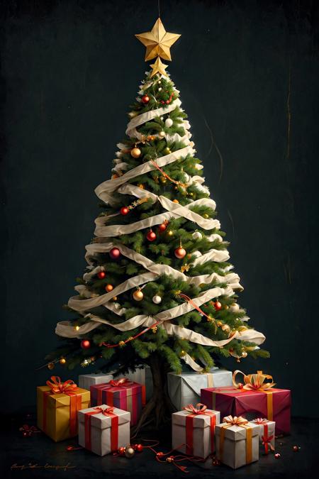 a green Christmas tree, black background, (no humans:1.9), <lora:SwathJourney:1.0>