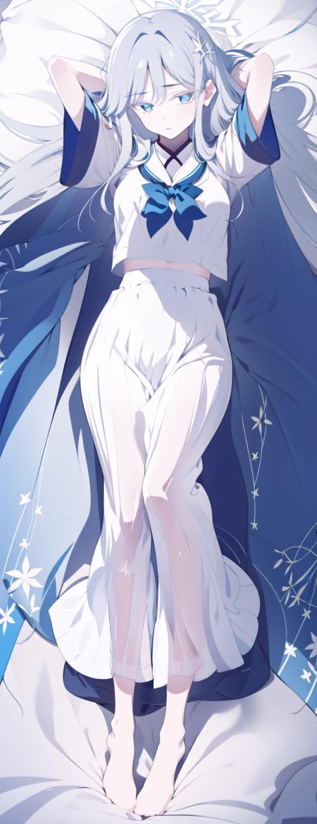 ((dakimakura)), 1girl, solo, lying, (on_bed), ((full_body)), (arms_behind_head), emotionless, nagusa_(blue_archive), closed_mouth, white_hair, very_long_hair, long_hair, absurdly_long_hair, ((jersey)), (white_eyelashes:1.3), (colored_eyelashes:1.3), grey_eyes, pale_skin, white_eyebrows,snowflake_hair_ornament, hair_ornament, ((halo)), snowflake_halo, (haori), (blue_haori), white_shirt, white_sailor_collar, (white_skirt), pleated_skirt, ((long_skirt)), cropped_shirt, black_bowtie, blue_cape, cape, print_cape, capelet, japanese_clothes, kimono, ((white_pantyhose)), no_shoes,((masterpiece)), (highres), (best_quality), (highly_detailed), (original),(Delicate background),(extremely detailed 8K wallpaper),cinematic lighting, volume lighting, light particles, shaded_face, beautiful_detailed_eyes, depth_of_field, perspective,<lora:Nagusa:0.8:lbw=char>,<lora:神秘lora K:0.8>,