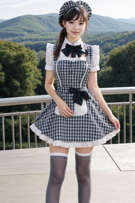 1 woman, detailed, realistic, standing, full body shot, scenic view
<lora:Maid Dress 2 By Stable Yogi:0.8> grey plaid maid dress, apron, thighhighs