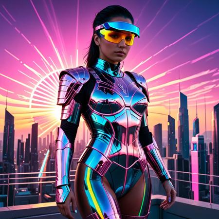 a futuristic synthwave warrior queen standing on a rooftop at sunset, glowing armor made of glass, translucent cyber visor, chromatic reflections on body, city skyline in background, striped sun, neon tattoos across arms and face, black palm trees below, vaporwave color palette, dramatic lighting, cinematic composition, 4k, ultra detail