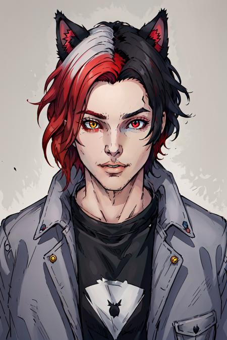 Duskfallcrew Art Style,  solo,  looking at viewer,  simple background,  shirt,  two tone hair,  gradient hair,  black hair,  red hair,  red eyes,  1boy,  animal ears,  jacket,  yellow eyes,  male focus,  parted lips,  cat ears,  heterochromia,  grey jacket, <lora:EMS-57370-EMS:0.400000>