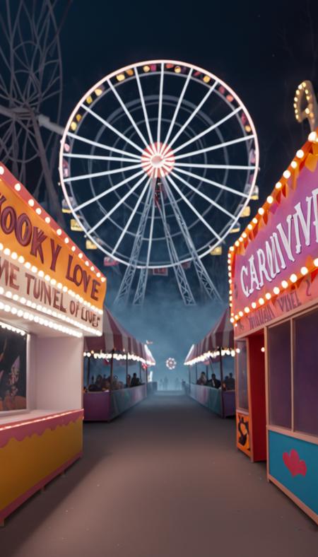 <lora:Mystery_Inc_BackgroundsXL:1> a spooky tunnel of love with a ferris wheel and a carnival in the background