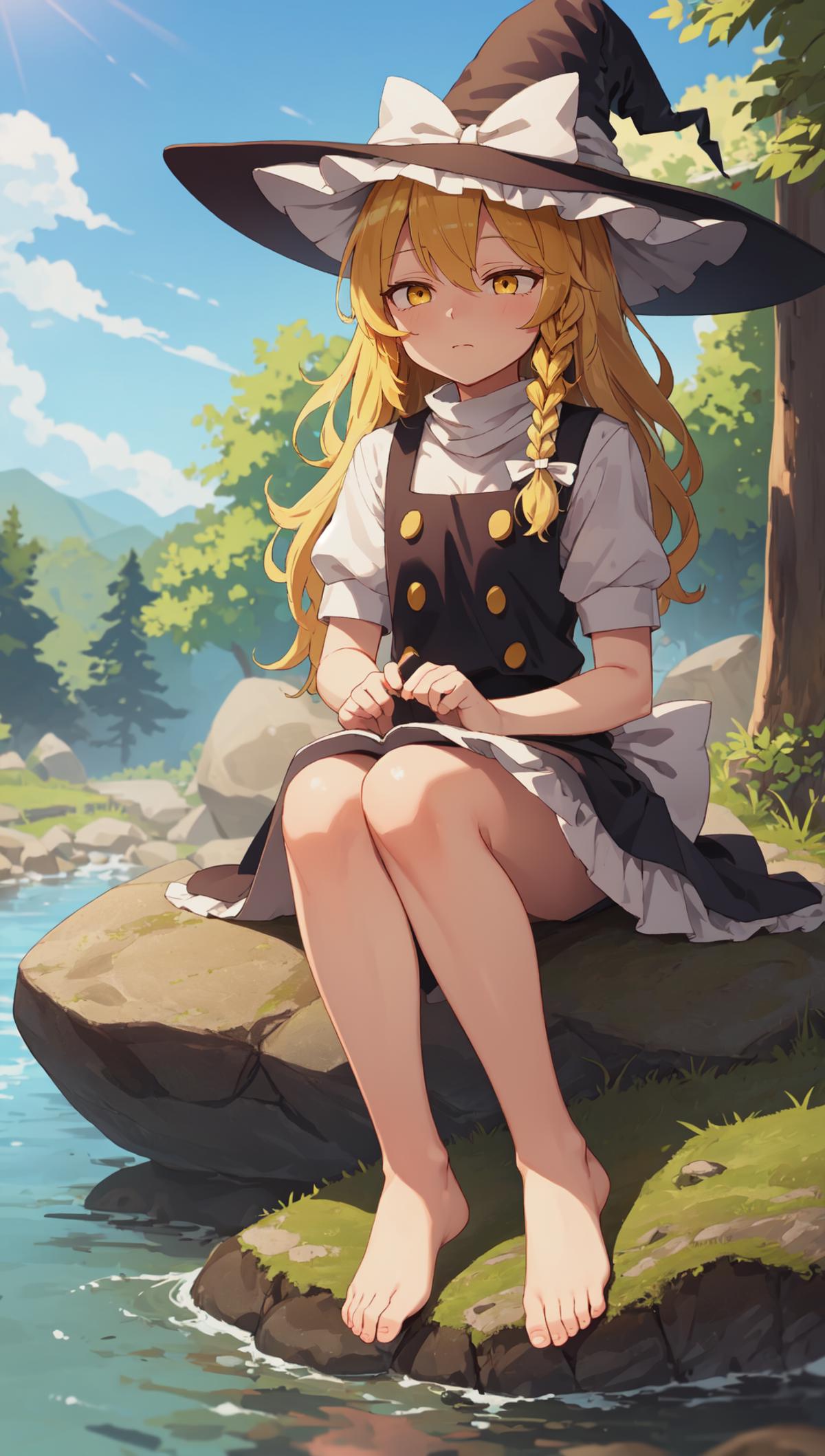 Cartoon Illustration of a Little Girl in a Dress and White Apron Sitting by Water