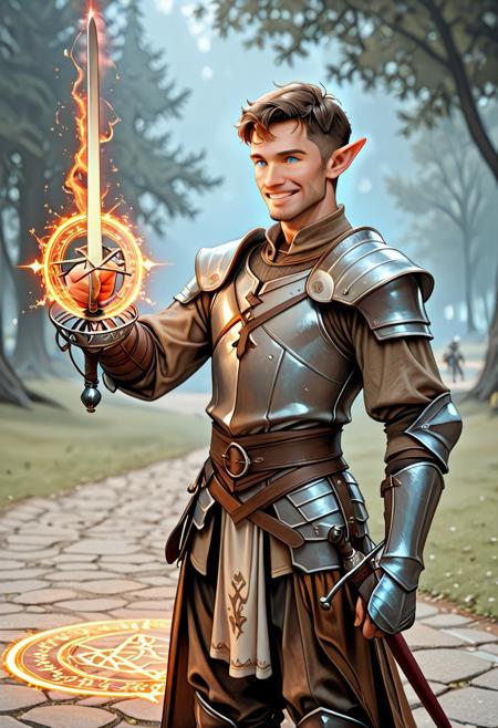 score_9_up, score_8_up, score_7_up, score_6_up. masterpiece, best quality, good quality, very aesthetic, absurdres, semirealism, RapierXL, fantasy, 8K, depth of field, focused subject, Elf knight:1.3, 19yo male, adult , androgynous, pointed ears, short brown hair, male haircut, blue eyes, wearing detailed armor, knight's armor, casting spell,red magic circle, smile, he is standing, holding sword, rapier, weapon, blue glowing sword, park
